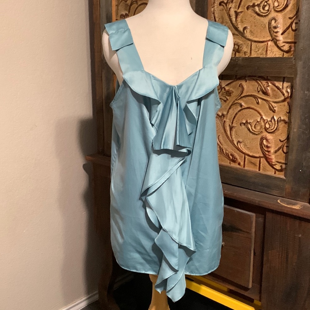 Vera Wang Sleeveless blue silk blouse Pale blue blouse ruffle down the front